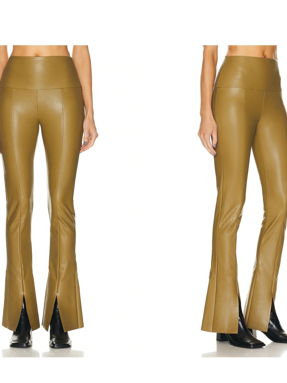 Norma Kamali Olive Faux Leather Flare Pants with Front Slits